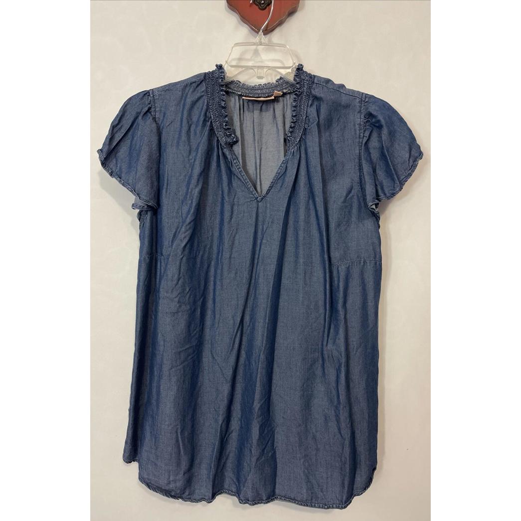 Evri Womens 1x Blue Denim-Style Vneck Tunic-Style Pleated Ruffled Blouse! A4960